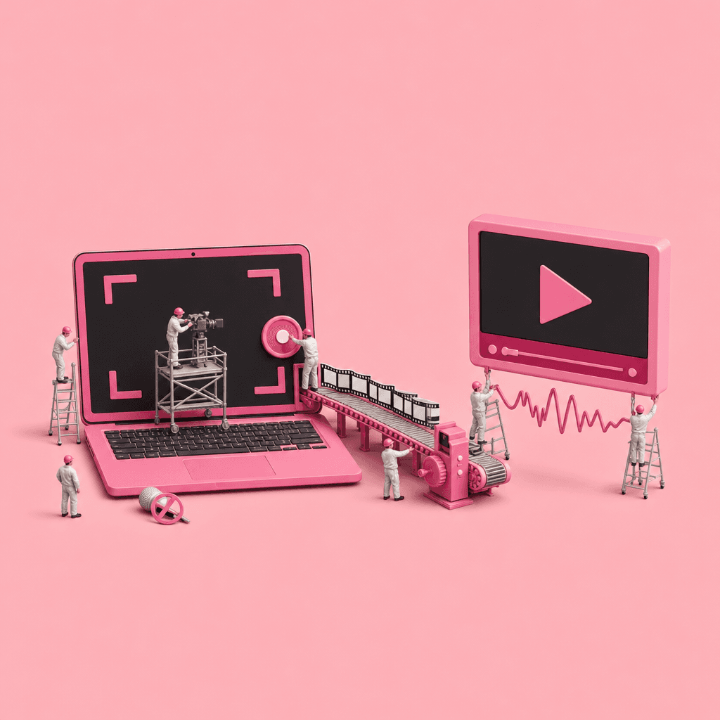 Miniature workers record a giant laptop screen and carry the footage on a conveyor to a training video player
