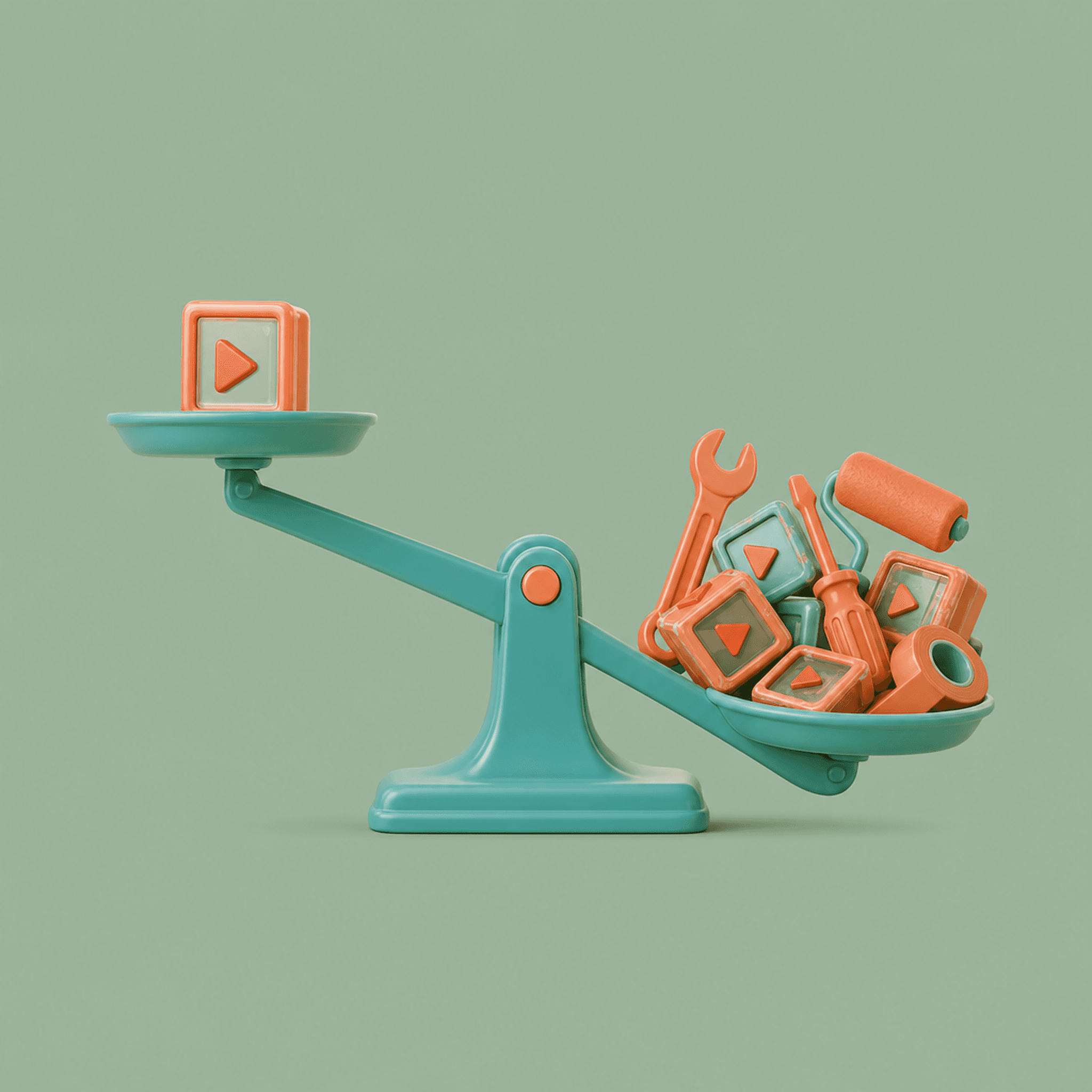Clay balance scale tipped by a heavy pile of tools and old video tiles, with one new video tile on the raised side