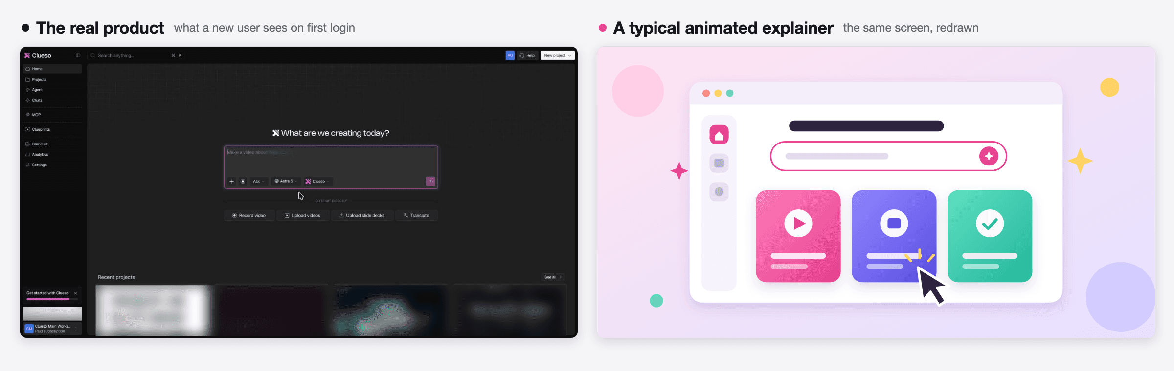 Animated explainer vs real product screen