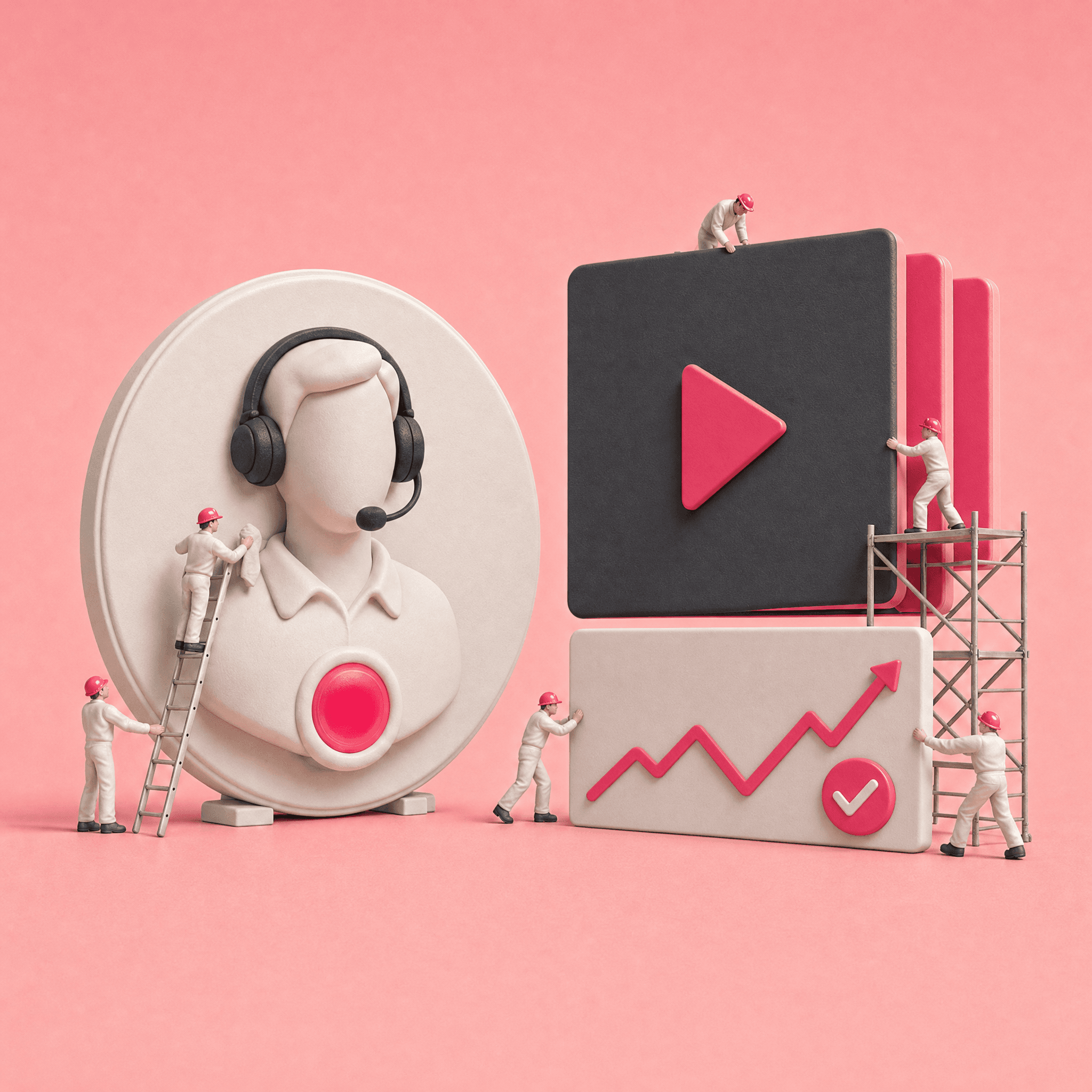 Clay diorama of a customer success manager badge with a headset and record button beside a stack of training videos and a rising chart