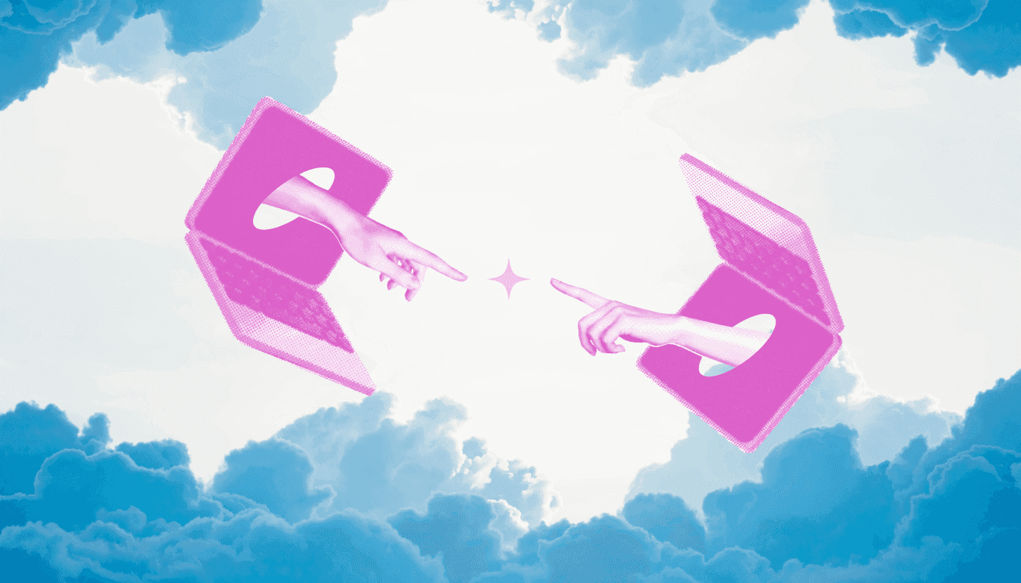 Abstract visual of laptops and hands connecting, symbolizing modern sales enablement through video.
