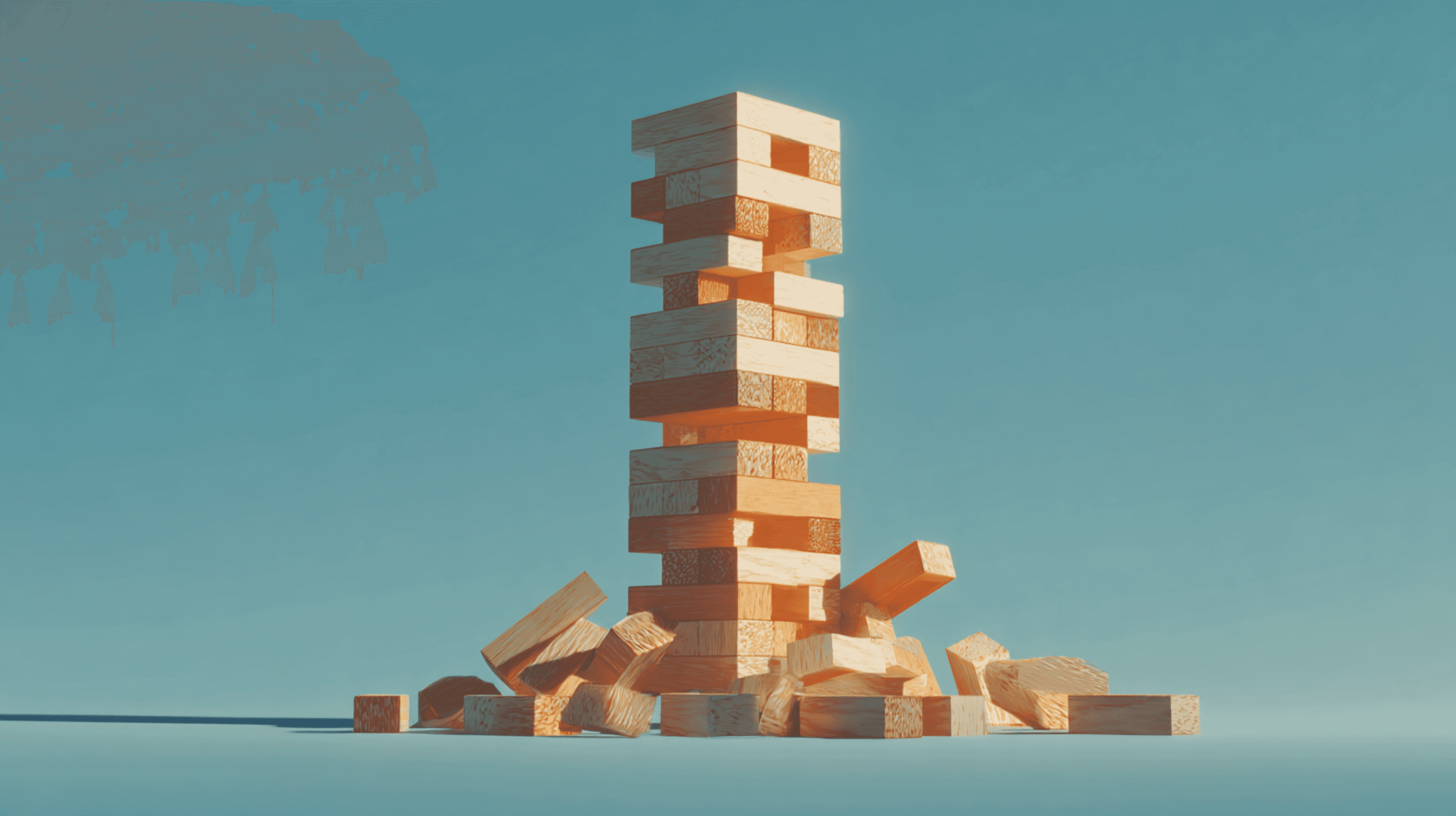 A tall wooden block tower breaking apart, representing outdated or unstable product marketing workflows.