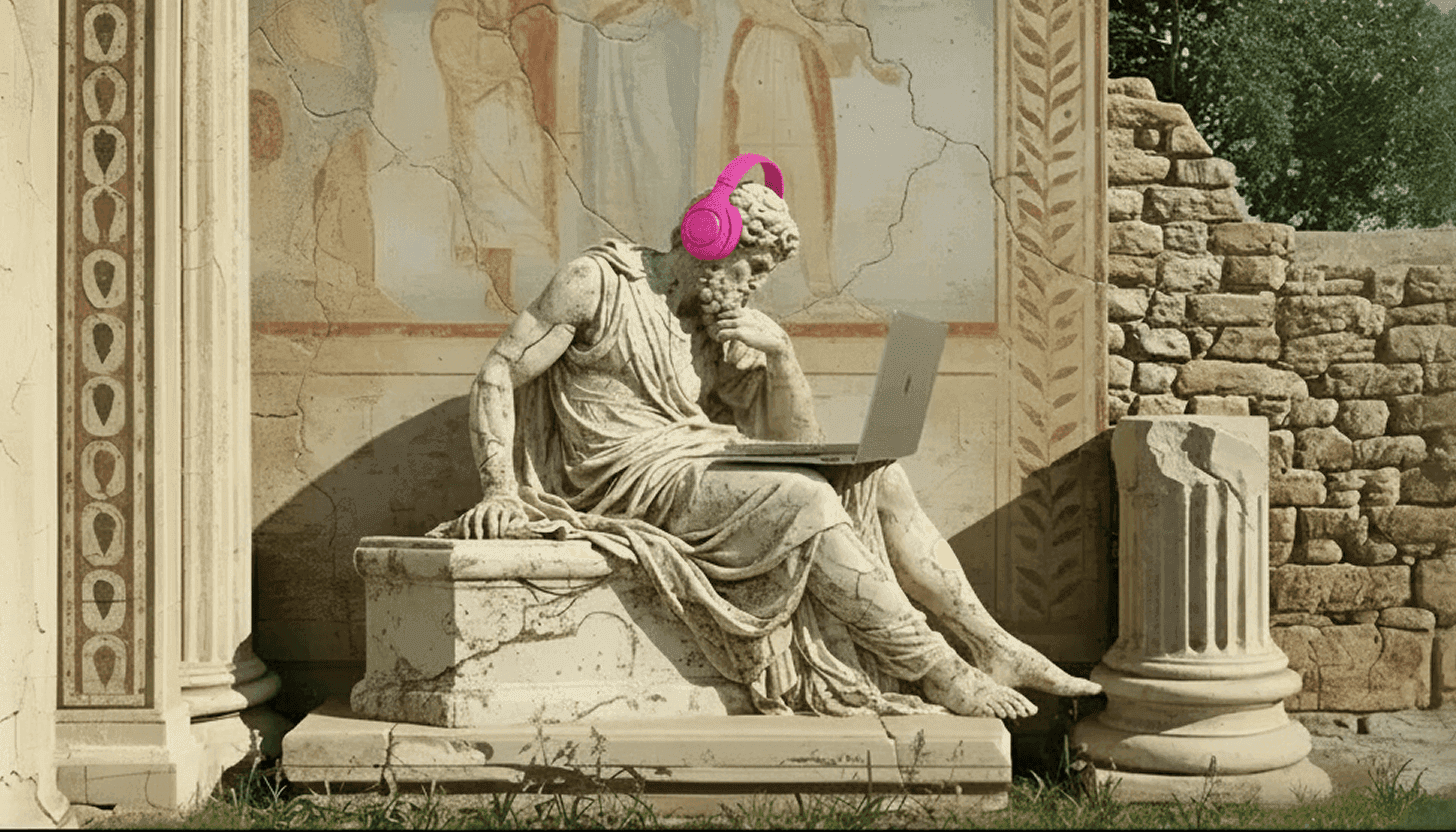 A classical stone statue wearing pink headphones and using a laptop, symbolizing modern, always-on digital learning.