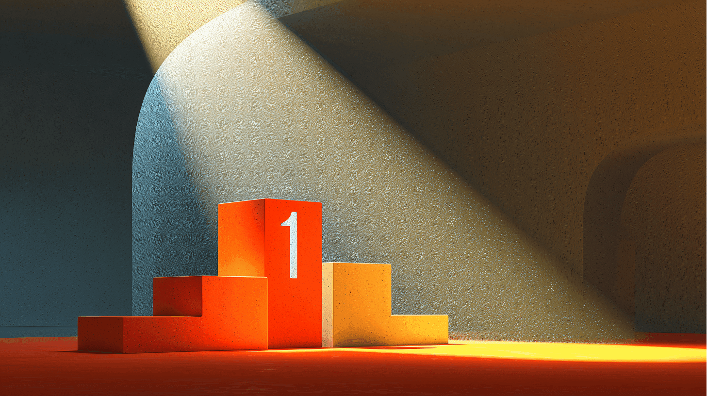 A spotlight on a podium with the number 1, symbolizing the top AI marketing tools.