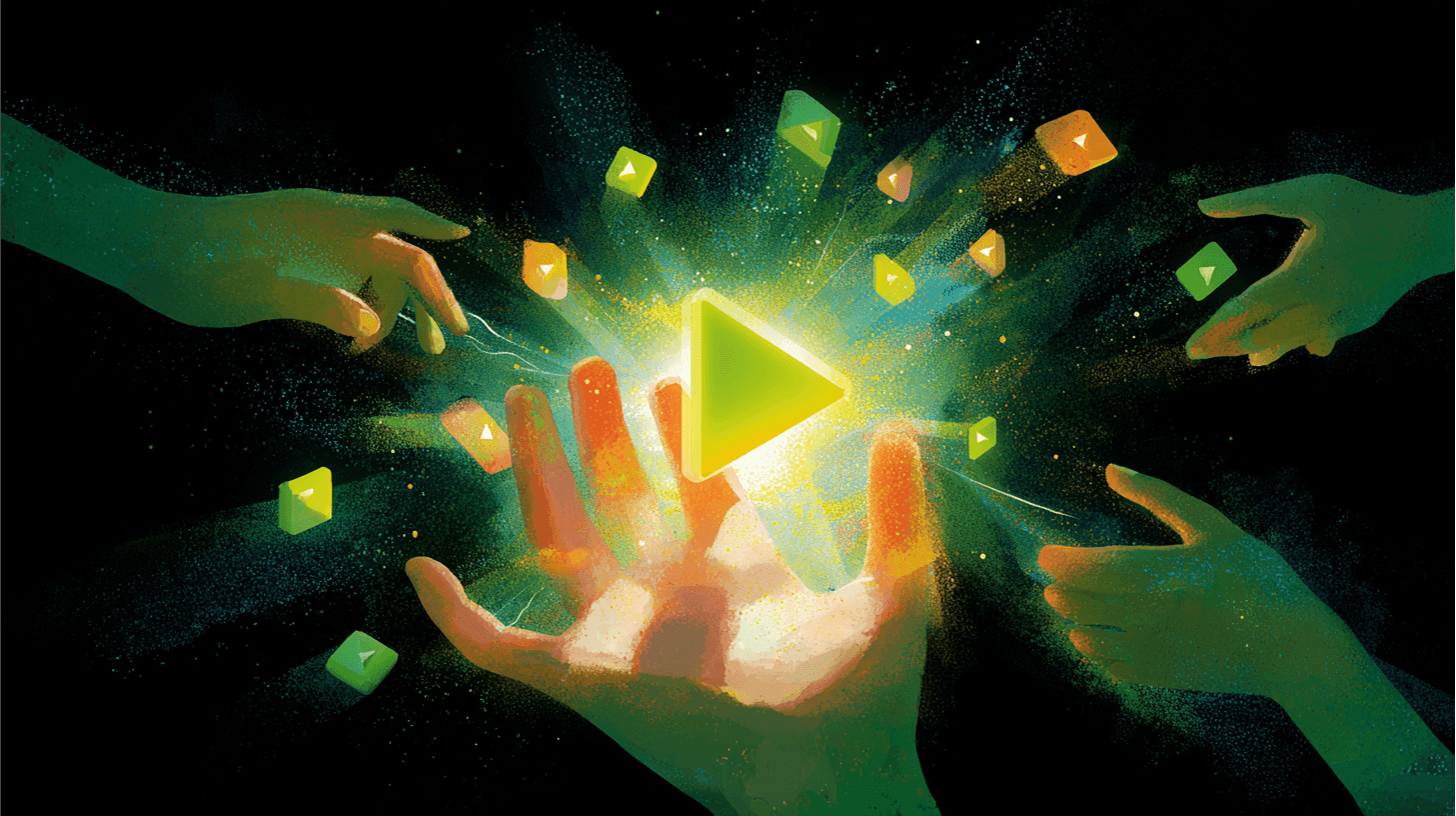 Illustration of multiple hands reaching toward a glowing play button, symbolizing the collaborative and decentralized nature of modern video creation.