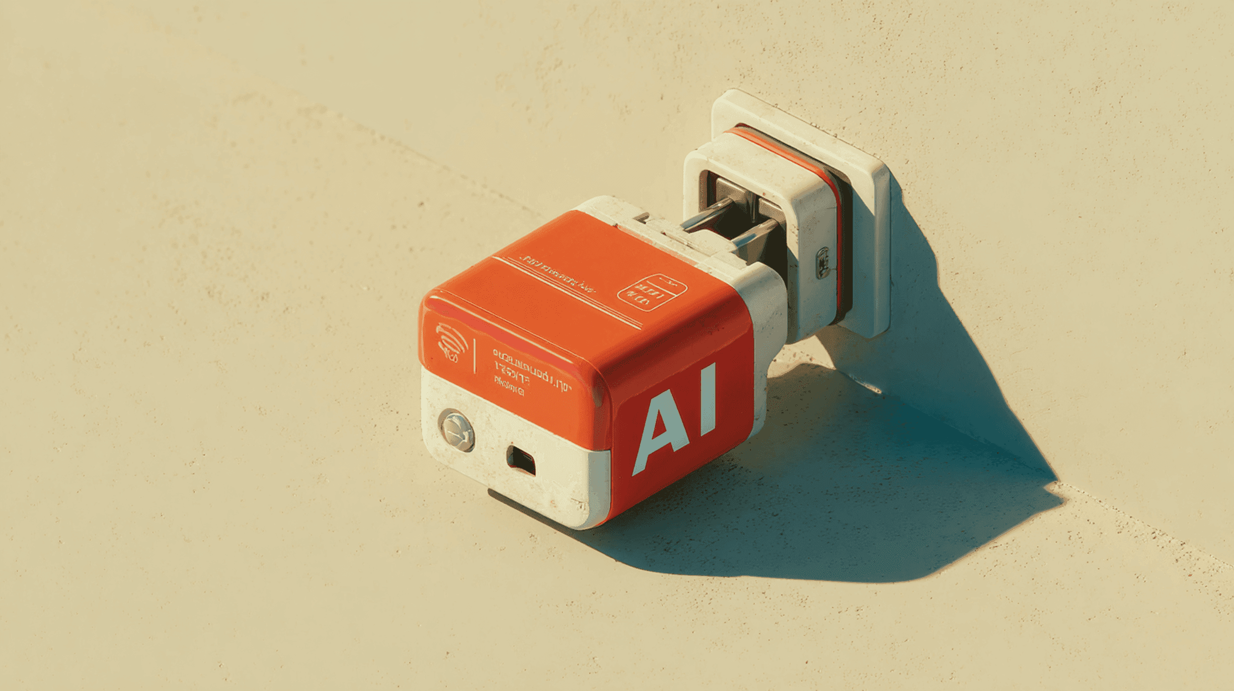 AI-branded power plug in a wall socket, symbolizing the concept of “plugging in” or activating artificial intelligence