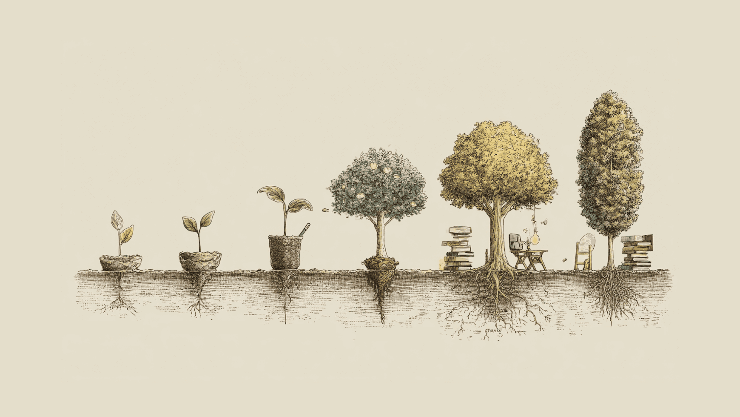 A plant growing through stages from seedling to tall tree, symbolizing growth and progress.