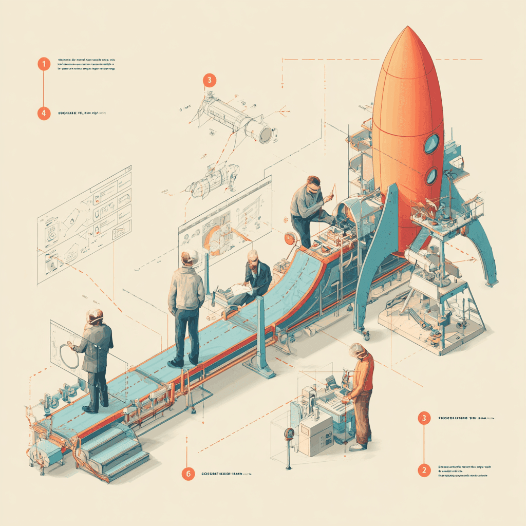 A feature factory concept software product development pipeline with planner, designer, builder, and rocket launch