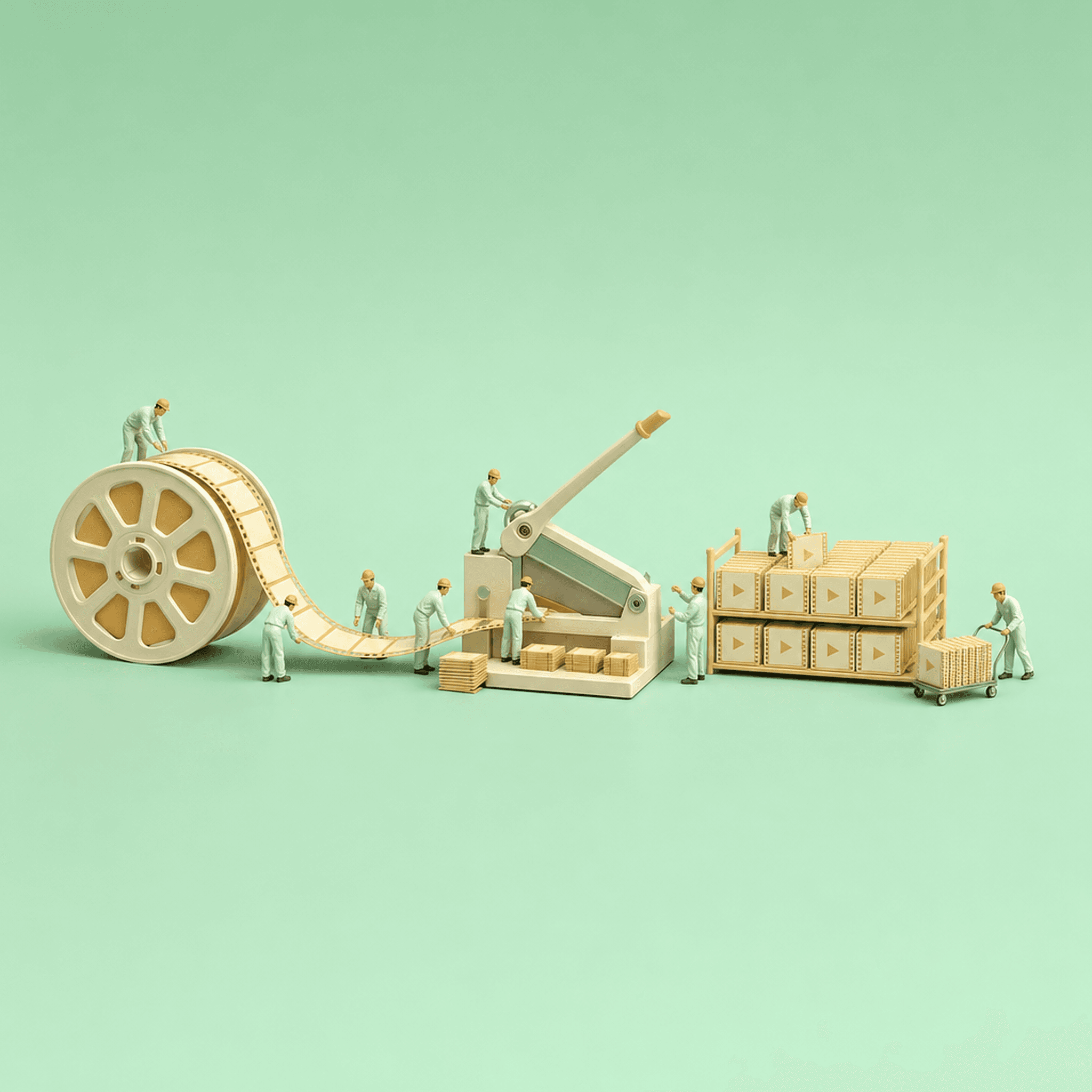 Miniature workers cutting a long film strip from a reel into short video tiles and stacking them on a rack