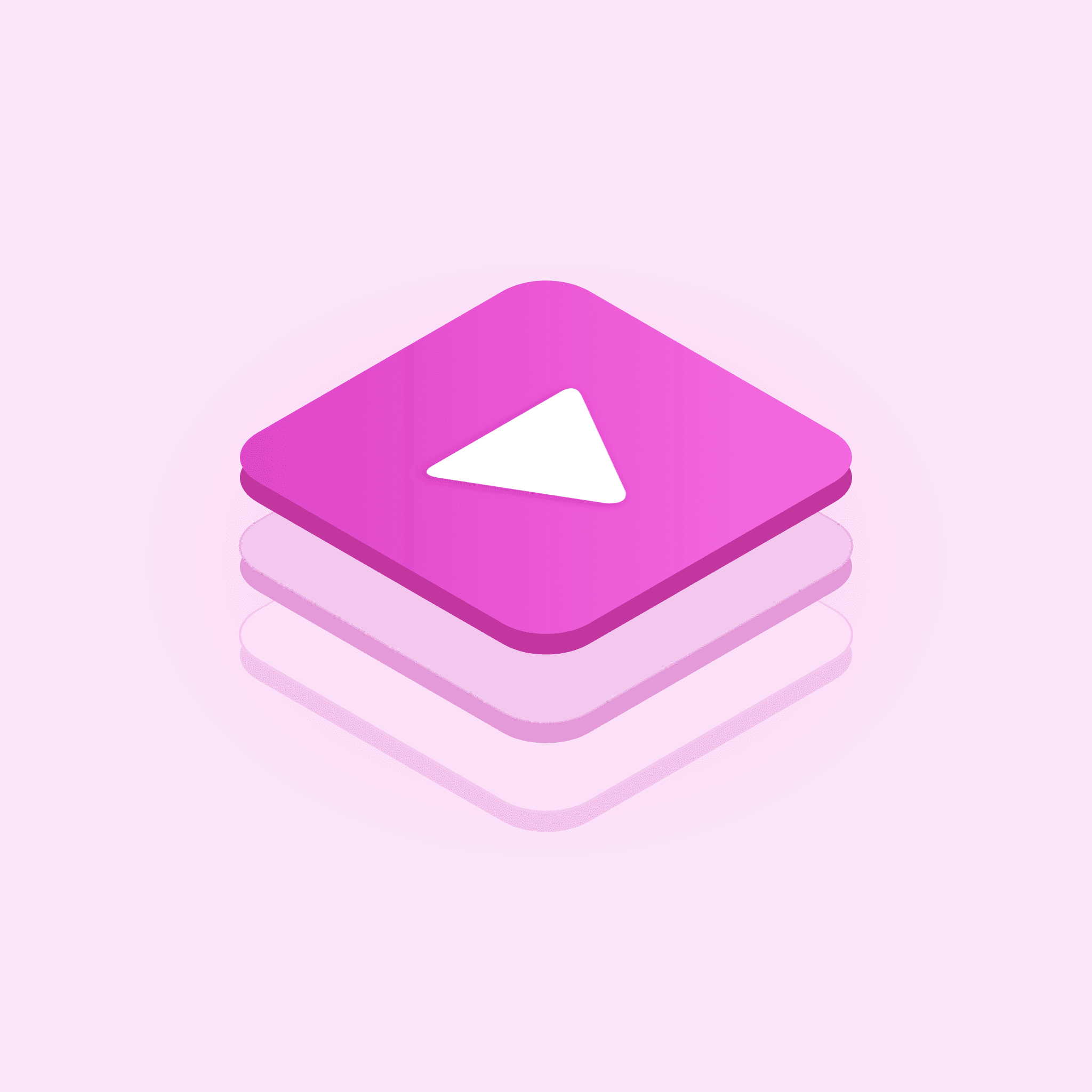 A pink video tile with a play button stacked on two lighter layers