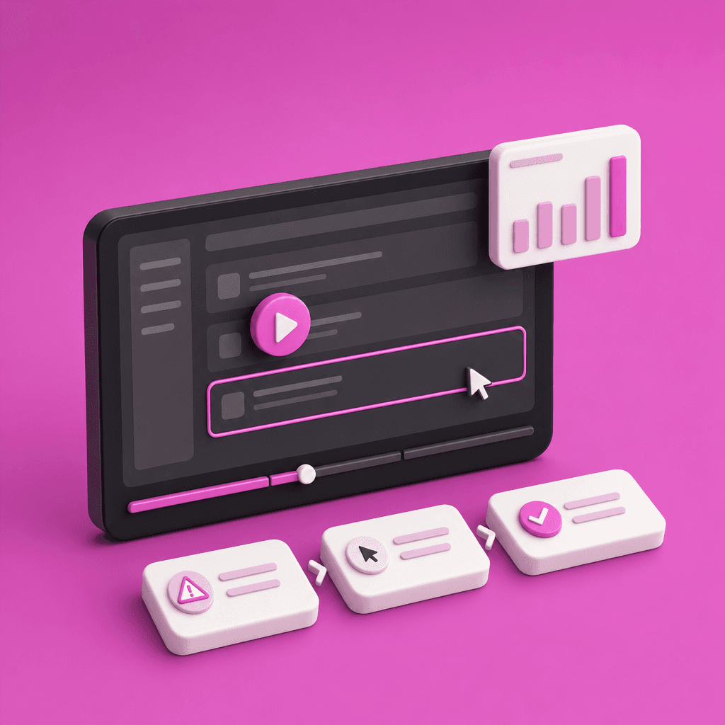 3D render of a demo video player above three story cards: problem, product, result