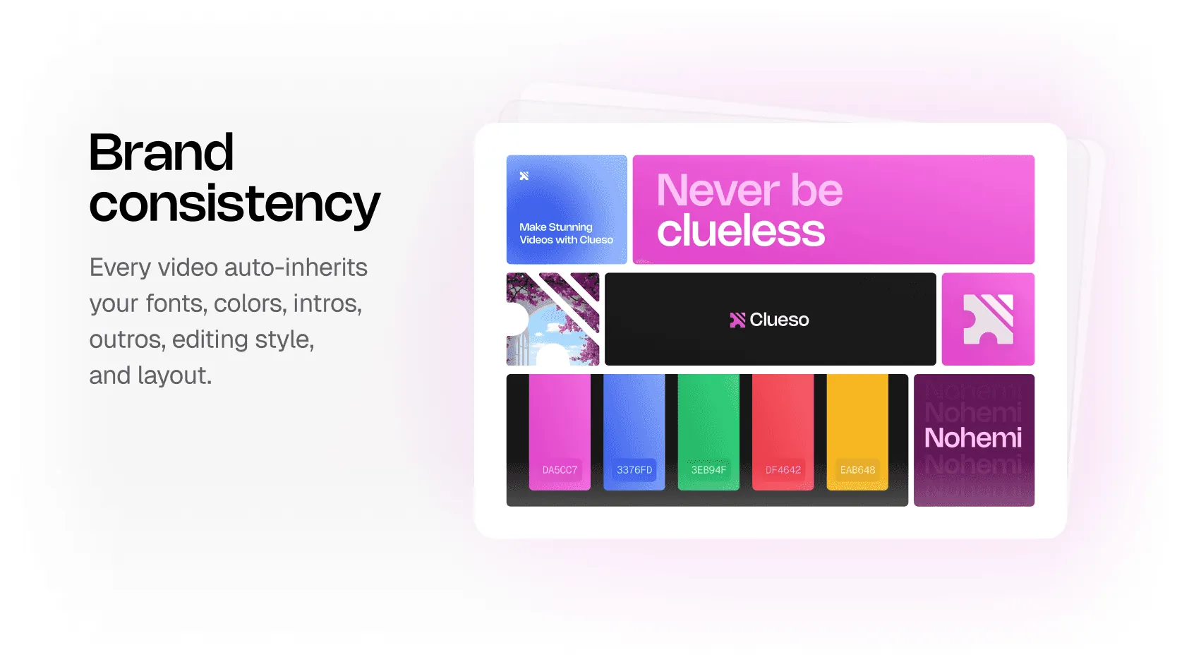 Brand consistency — every video auto-inherits your fonts, colors, intros, outros, editing style, and layout